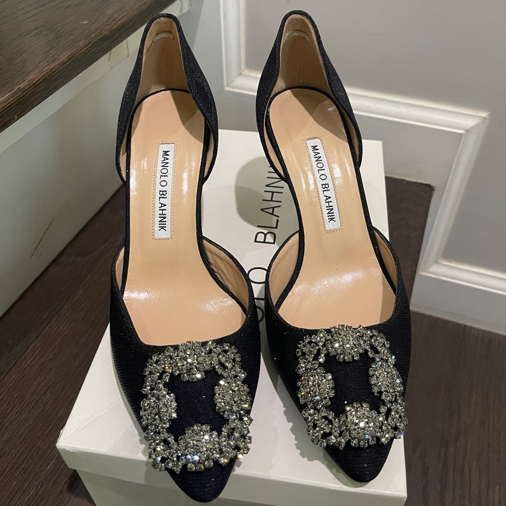Manolo Blahnik Hangisi Metallic Fabric, Black, 37